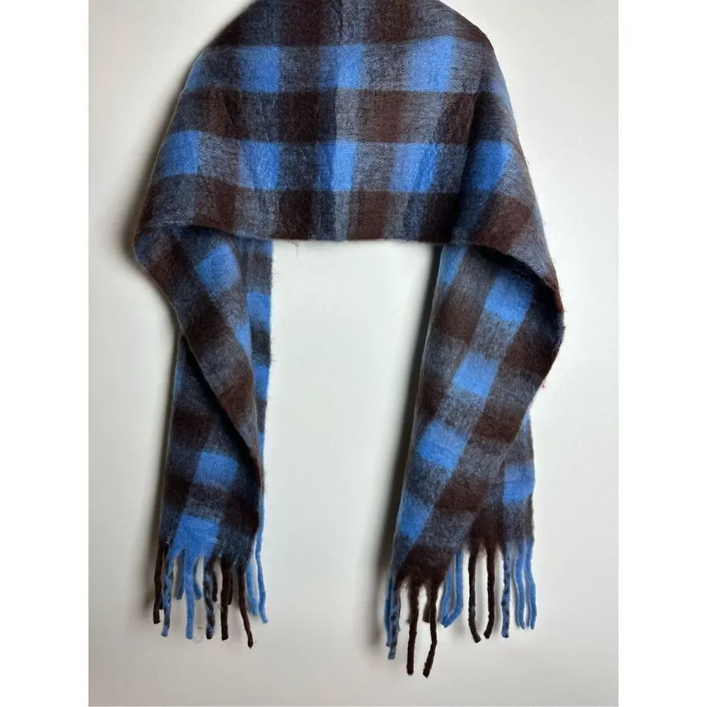 Blue and brown plaid oversized scarf